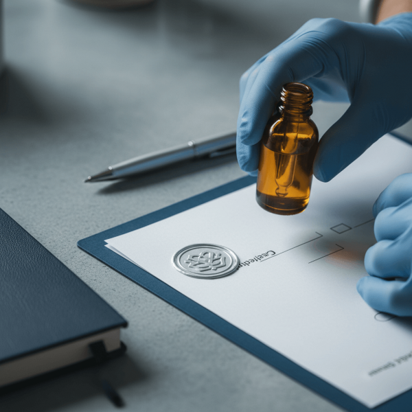 Certification GACP GMP pour produit CBD avec sceau de conformité et contrôle qualité en laboratoire